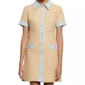 Sandro Paris Mella Metallic Gold Tweed Knit Denim Trim Button Front Shirt Dress